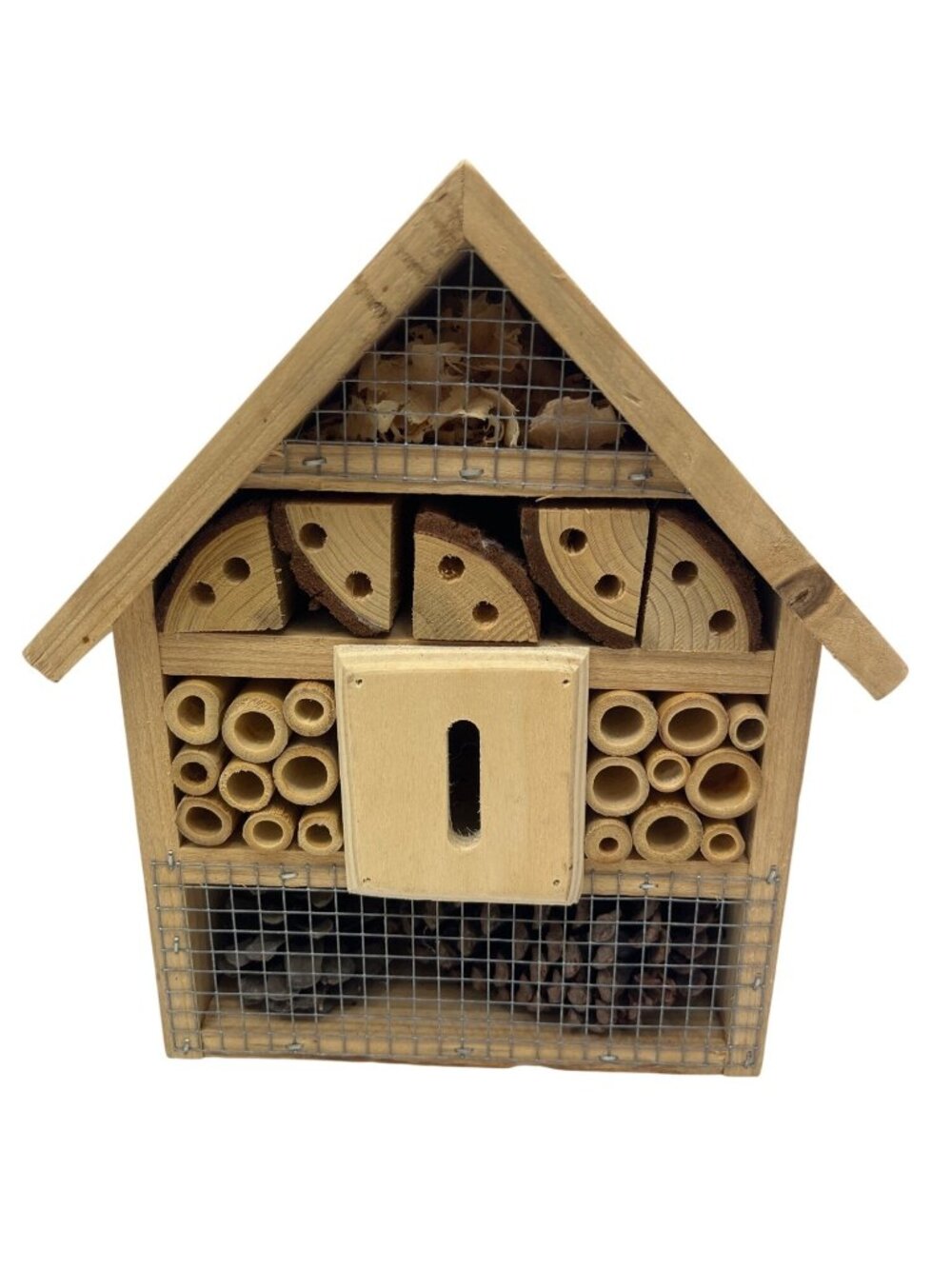 Wooden Insect Hotel Bug House W/Bamboo Tubes & Pinecones 10" Tall Natural Finish